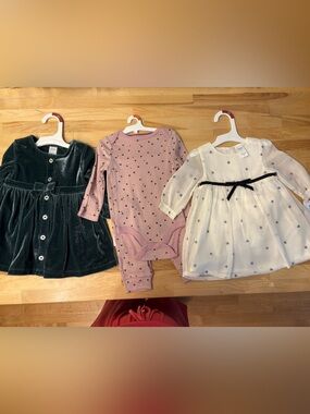 Carter's Velvet Green Dress, Mauve Ribbed Bodysuit & Cream Overlay Dress Set